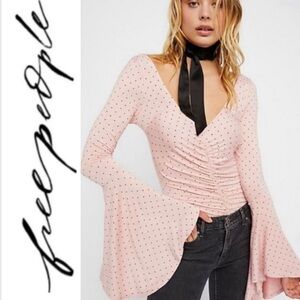 💫 FREE PEOPLE “What A Babe” Pink w/ Black Polka Dot Top Size L - NWT